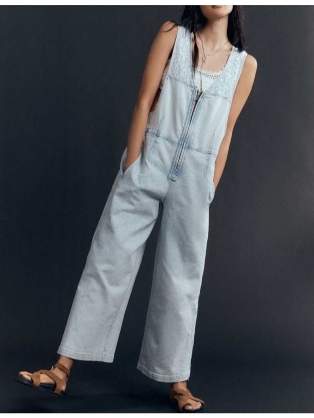 Anthropologie Front Zip Wide Leg Denim Jumpsuit Retro Cottagecore Lace Womens XL